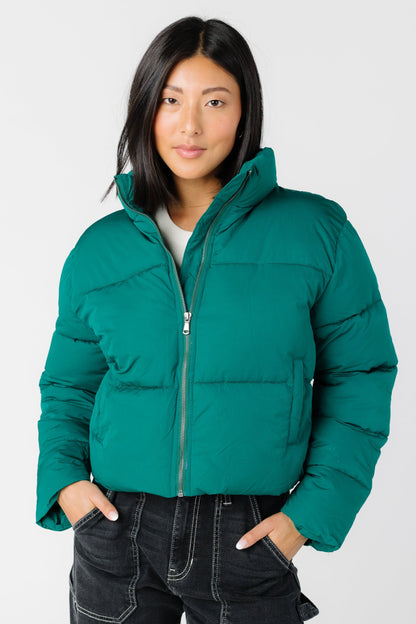 Green puffer jacket with front pockets