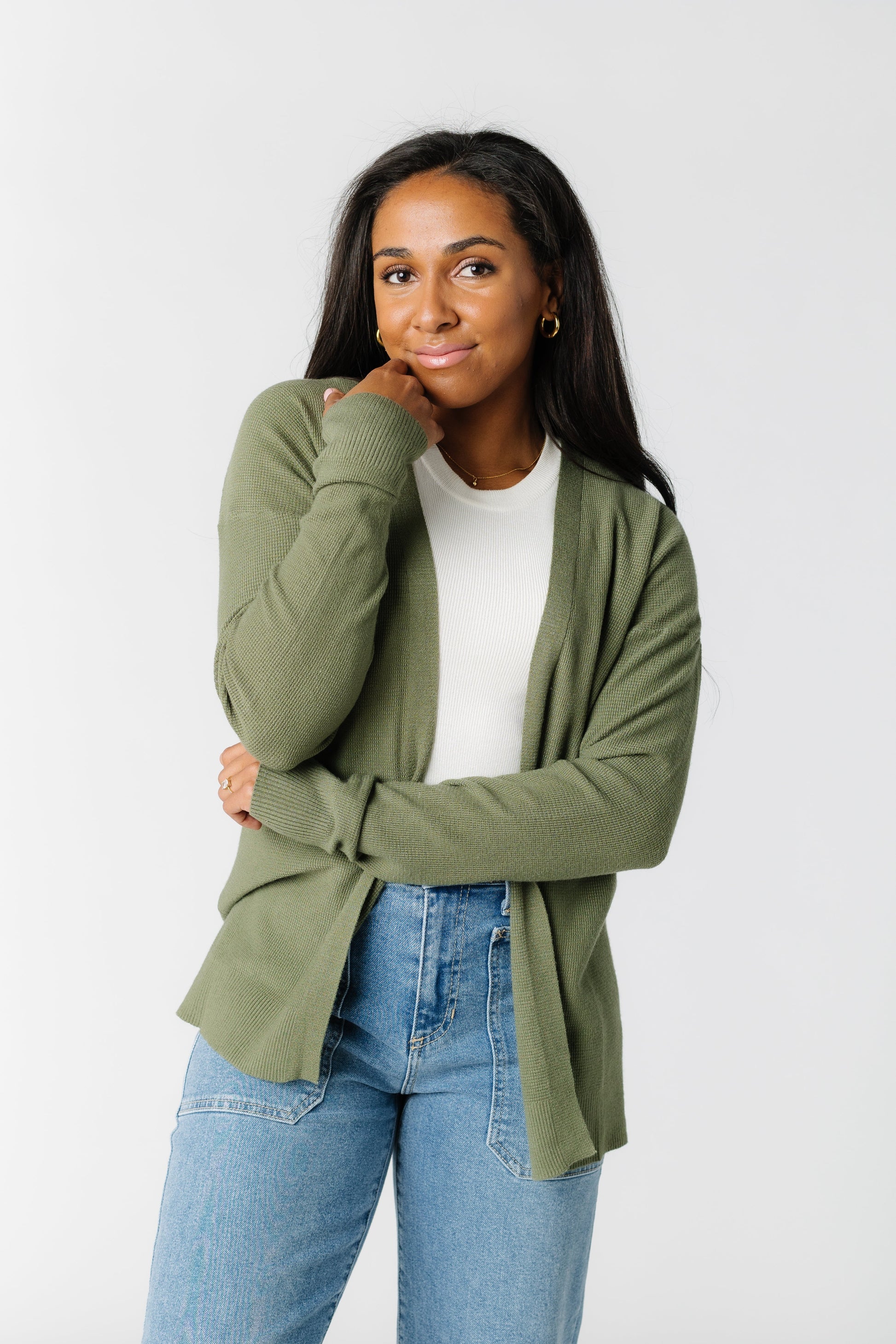 Waffle Sweater Cardigan WOMEN'S CARDIGAN Tea N Rose Olive L 