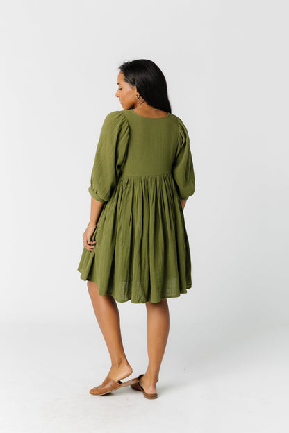 Back view of olive knee length dress