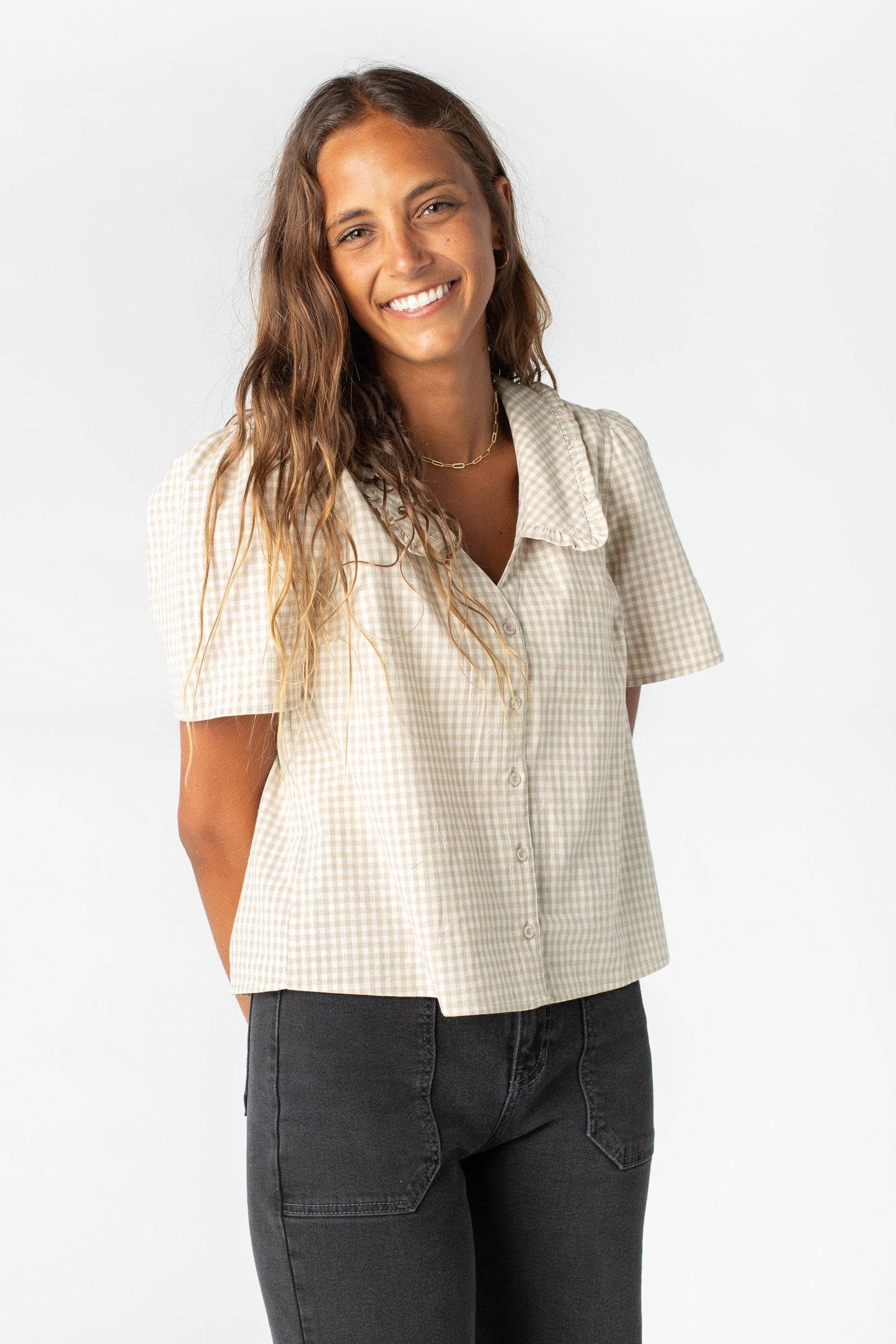 Brass & Roe The Forever Collared Top WOMEN'S TOP brass & roe Taupe L 
