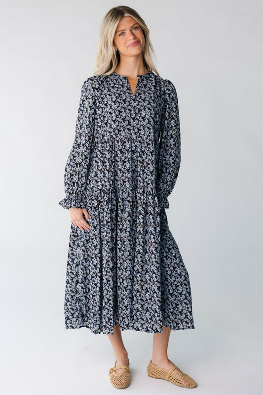 Brass & Roe Roxi Chiffon Dress for women in black and blue print
