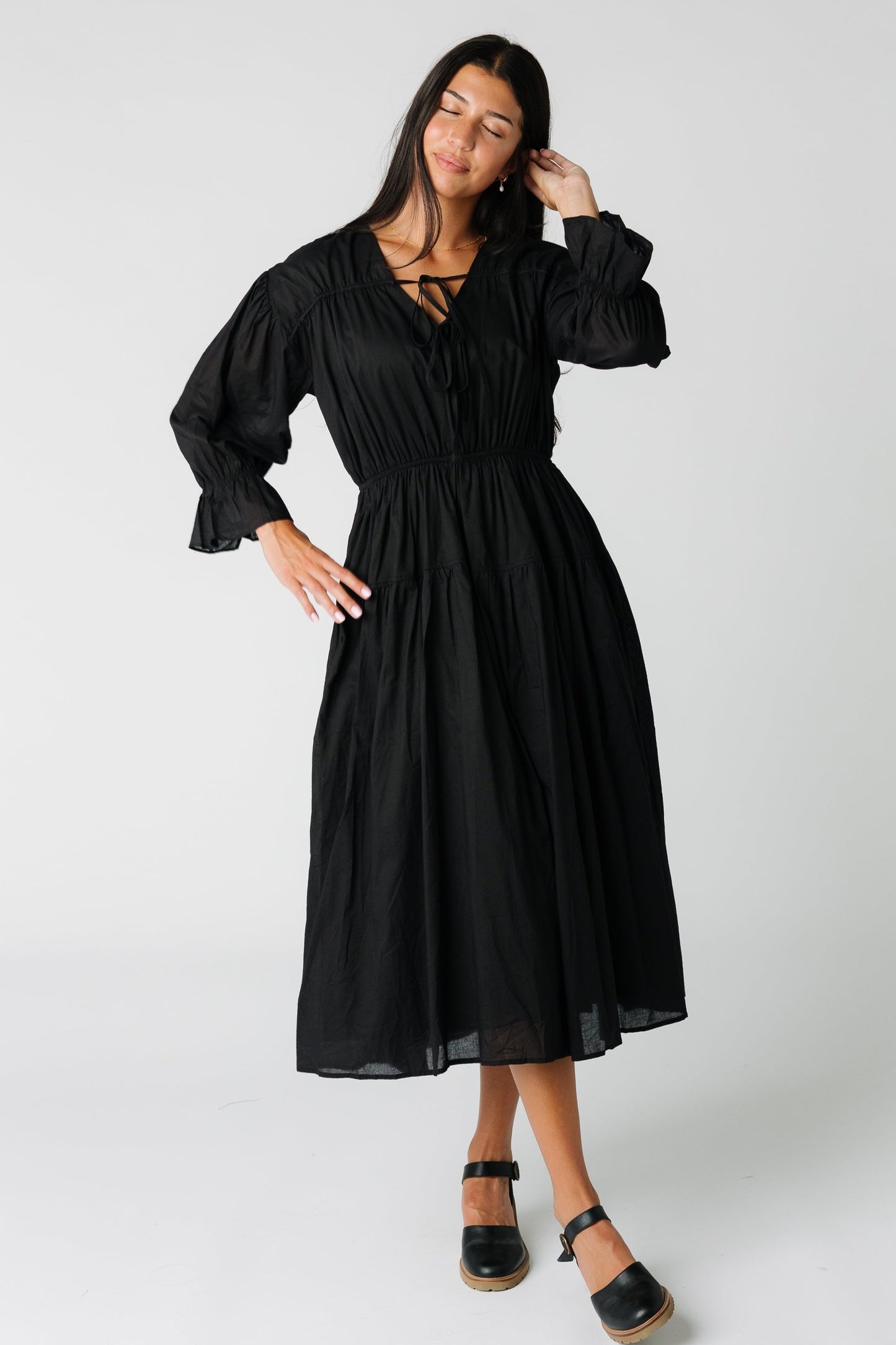 The Abbey Dress modest black lightweight woven dress