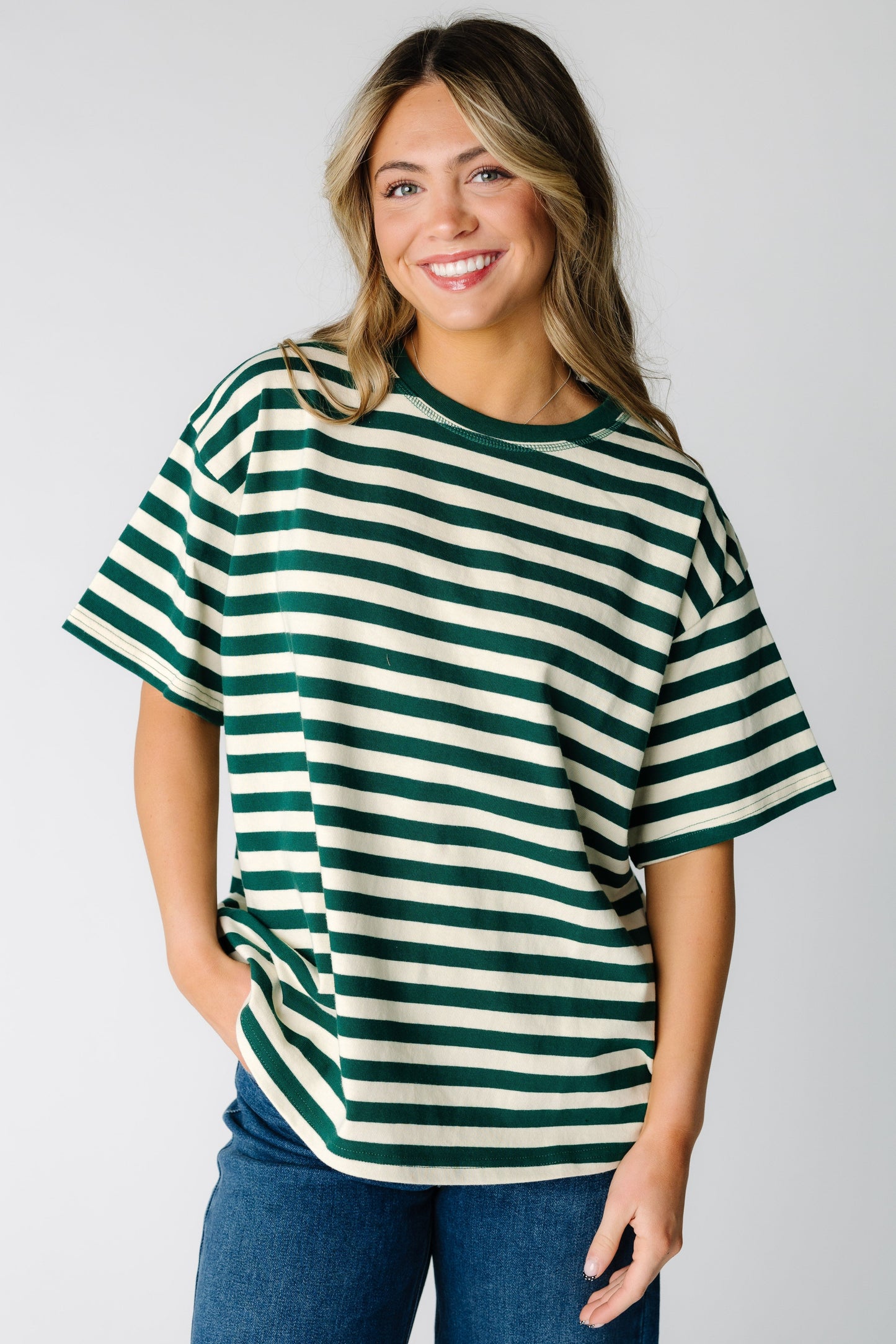 About Time Striped Oversize Tee in green stripe for women and teens
