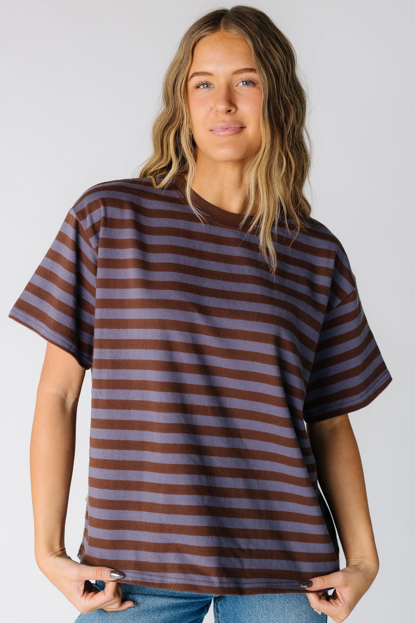 About Time Striped Oversize Tee in dusty blue and brown for women and teens