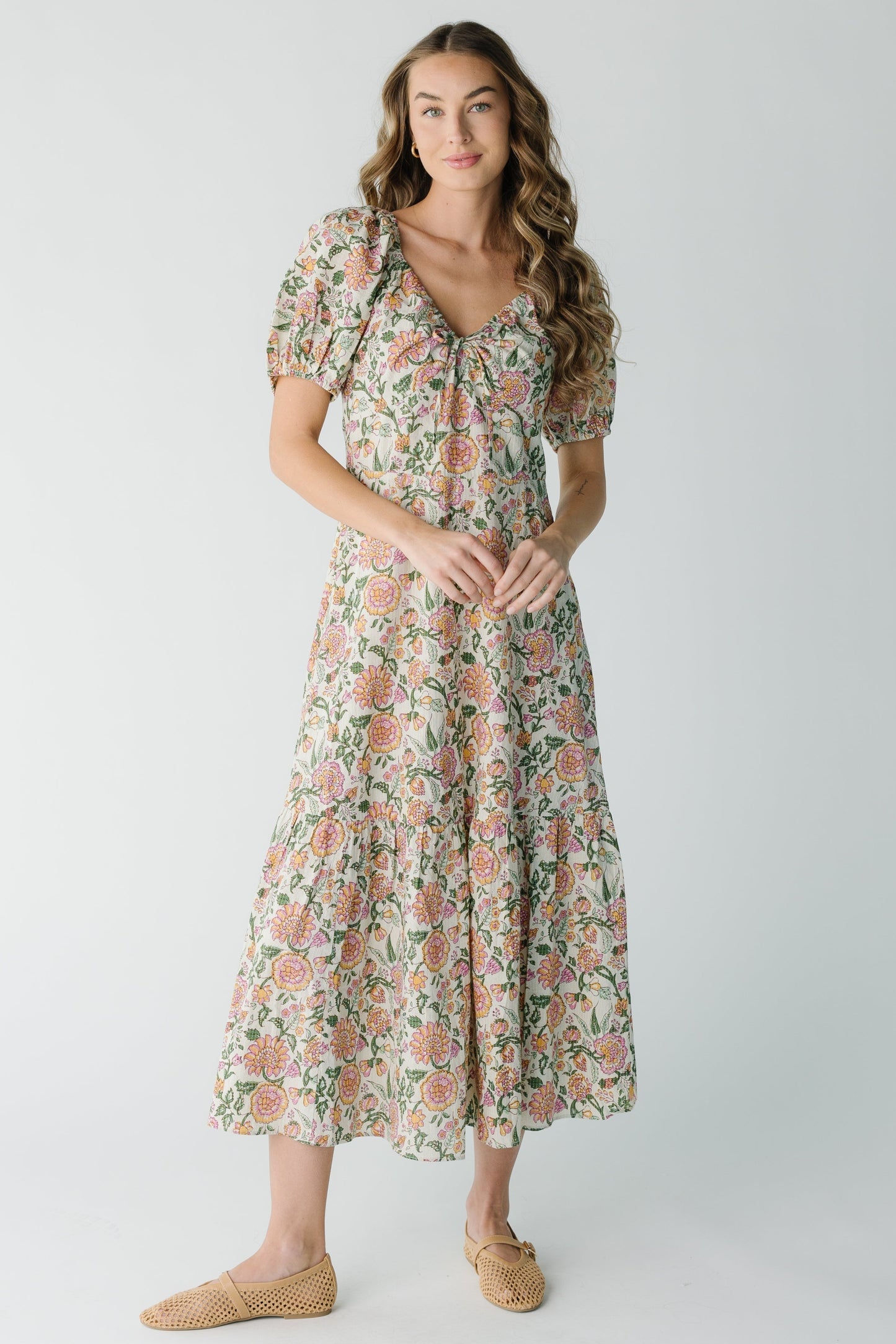 Modest cream floral midi with short puff sleeves and V-neckline