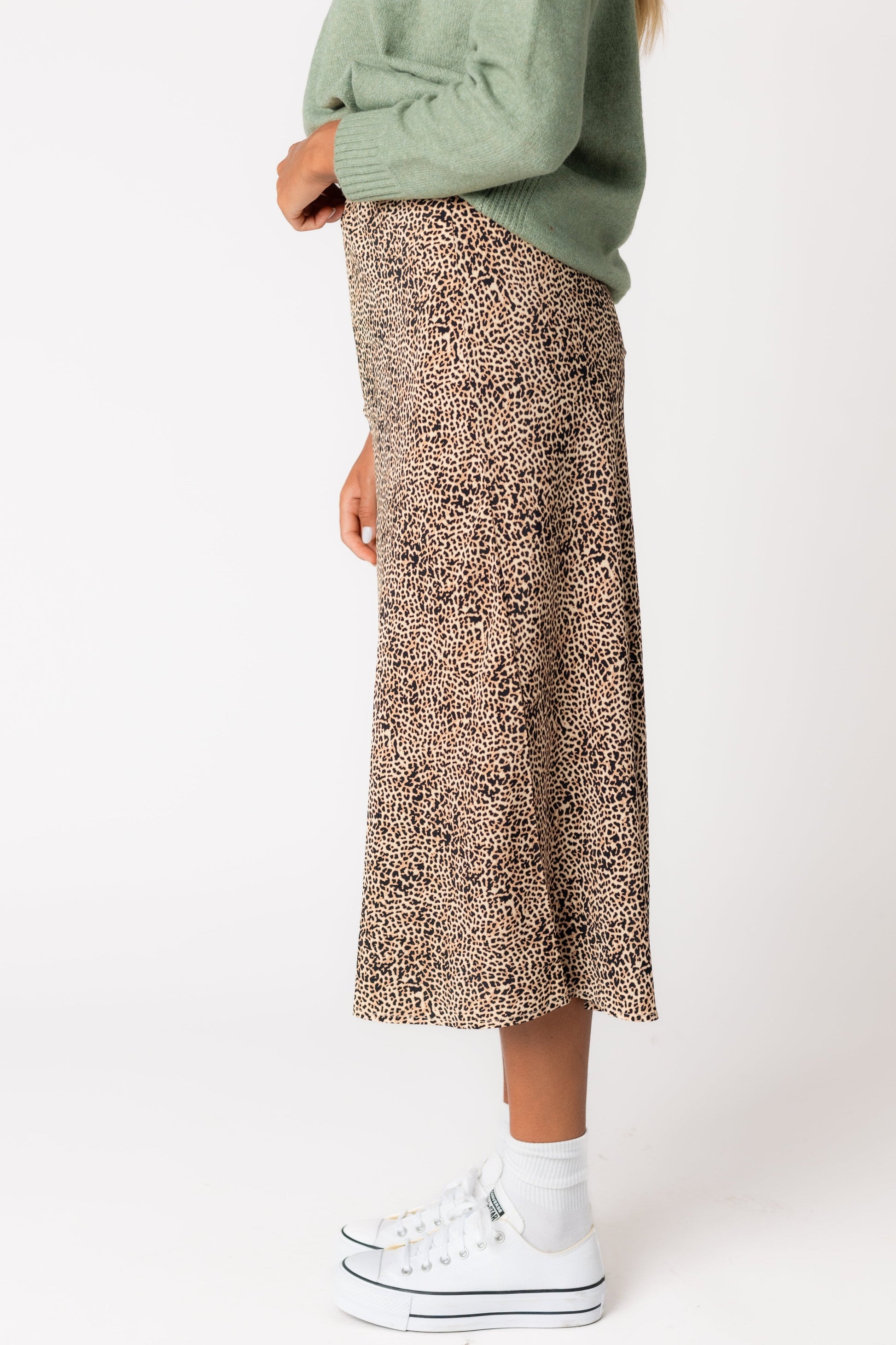 Side view of brown leopard print midi skirt