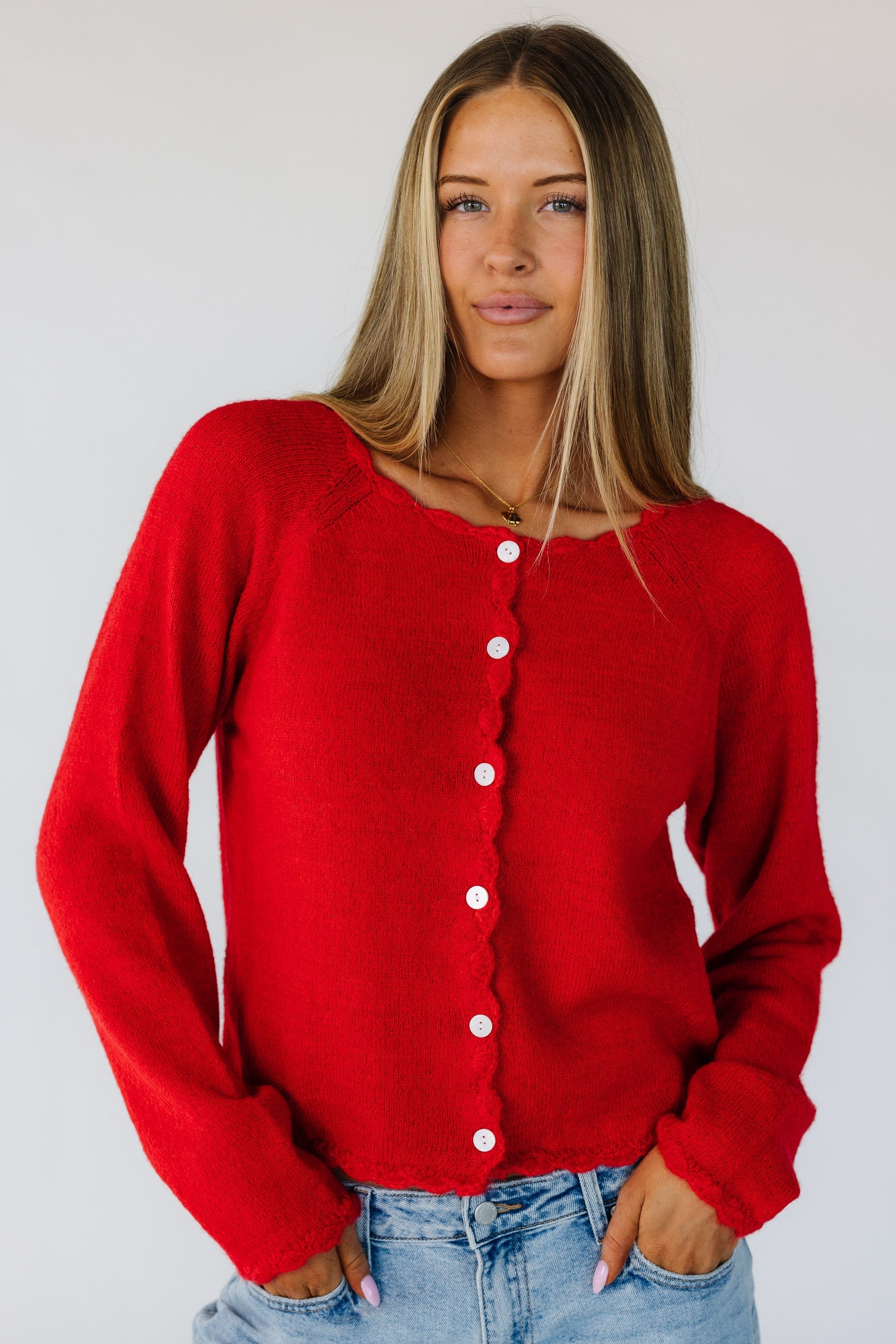 All About Charm Cardigan in red for women and teens.