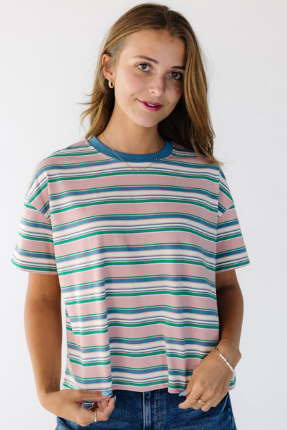 Young woman wearing a modest short sleeve tee with a crew neckline in a pink and multicolor stripe.