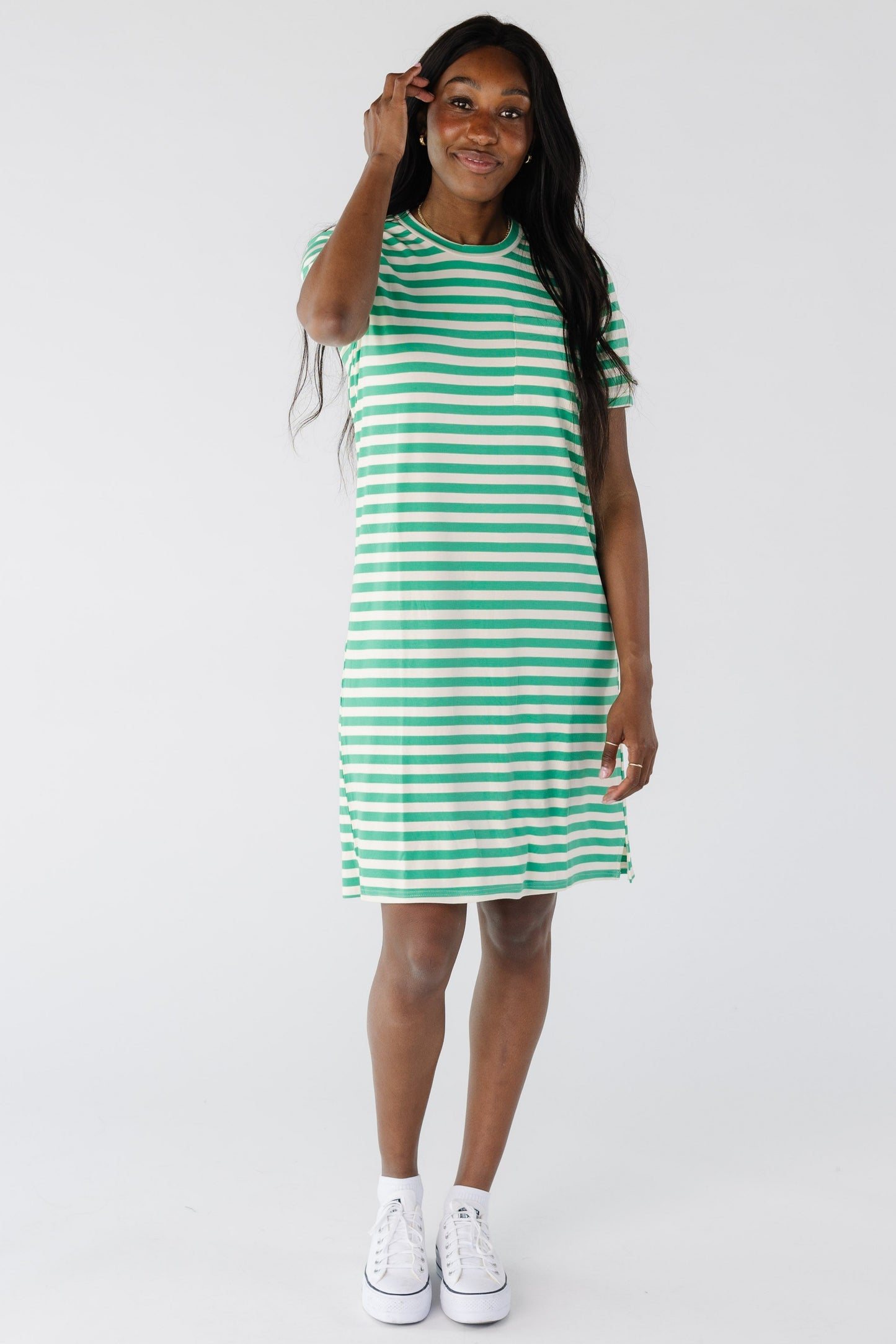 Brass & Roe New All Day T-Shirt Dress in green and white