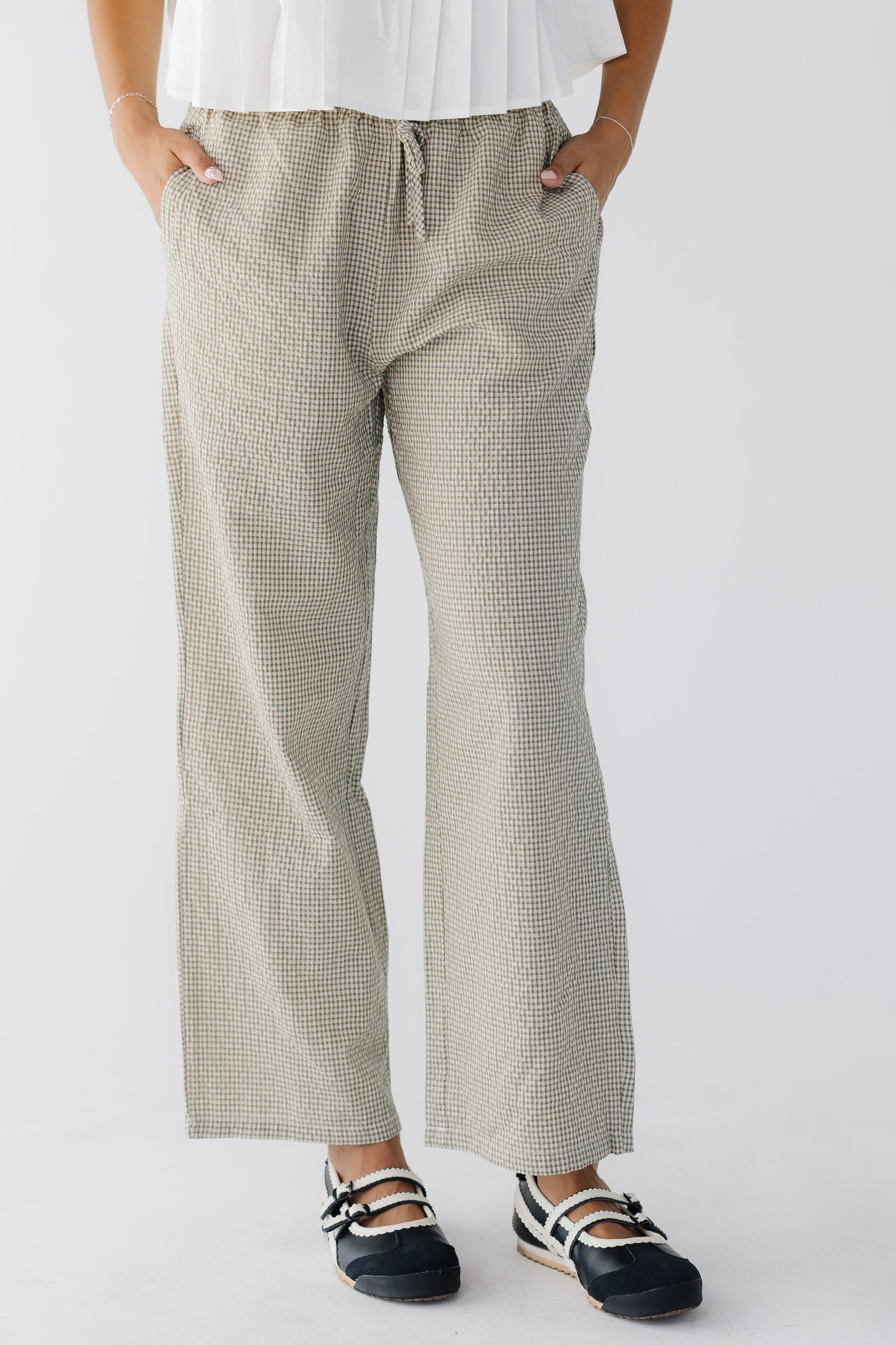 All About Fun Mini Plaid Drawstring Pants in small brown and white gingham for women and teenage girls.