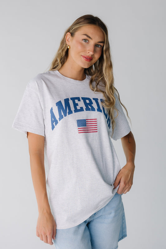 America USA Flag Tee in ash light grey