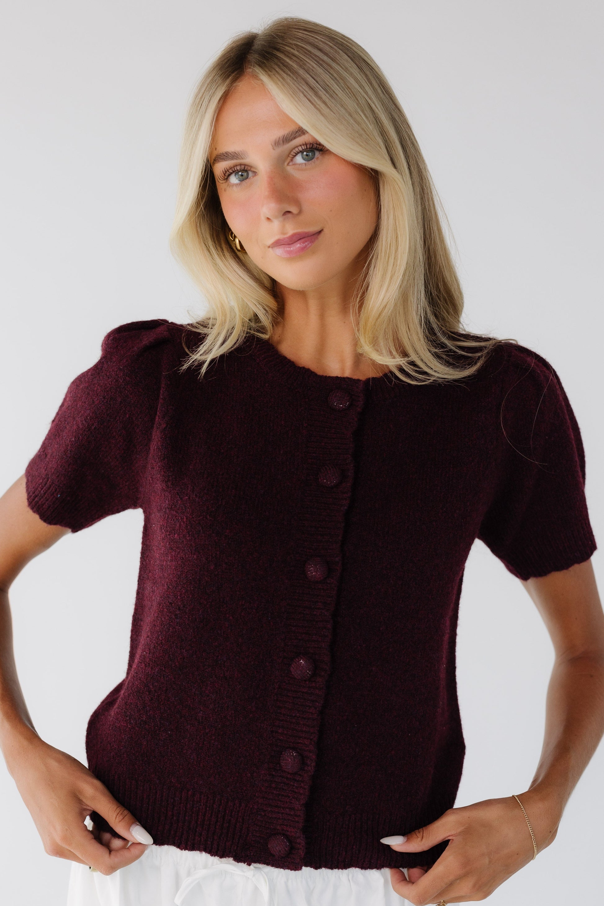 Anastasia Short Sleeve Sweater in burgundy for women and teenage girls.