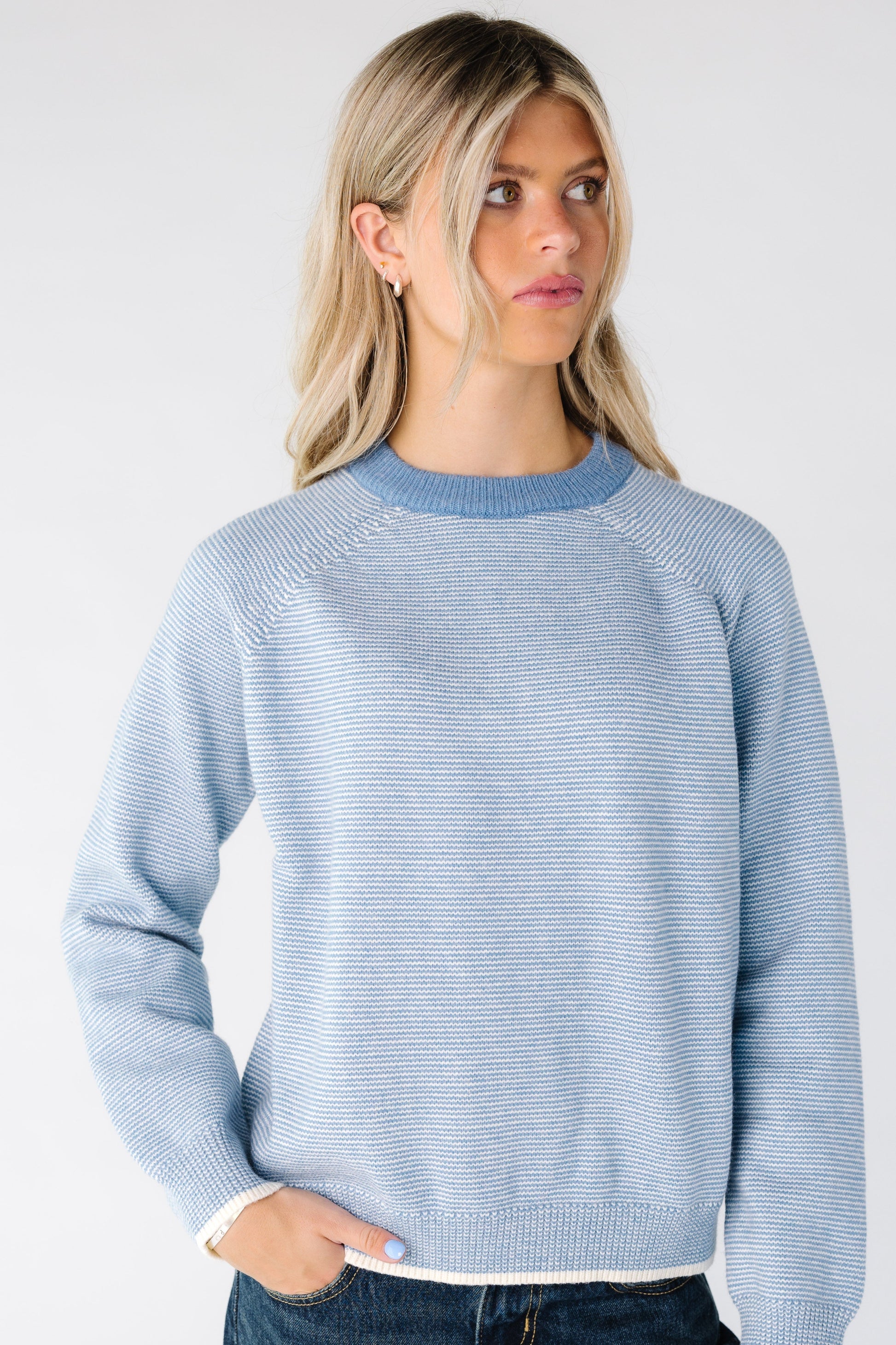 Modest woman and teen stripe sweater in blue and white