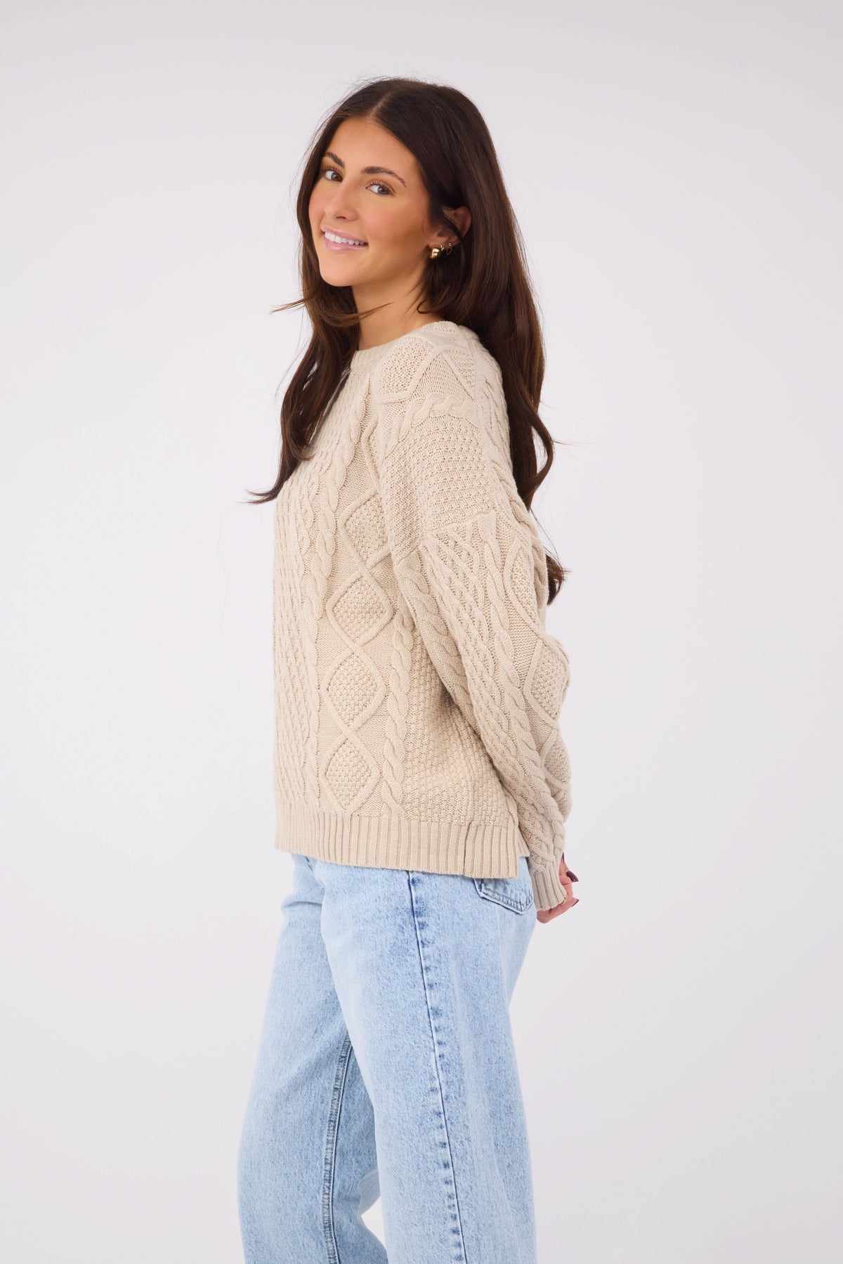 Cable Knit Crew Neck Sweater WOMEN'S TOP Miou Muse Beige S 