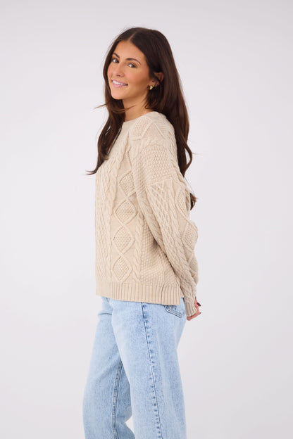 Cable Knit Crew Neck Sweater WOMEN'S TOP Miou Muse Beige S 