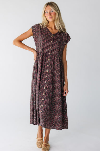 Modest black floral dress for women with V-neckline and midi length