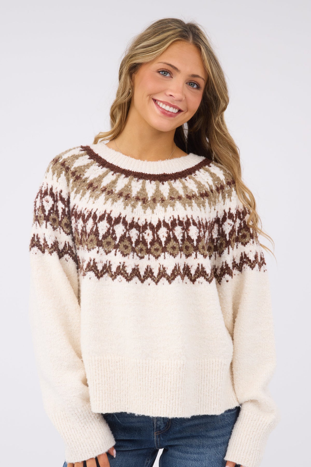 The Talia Sweater  in a nordic pattern in beige & brown for women & teen girls.