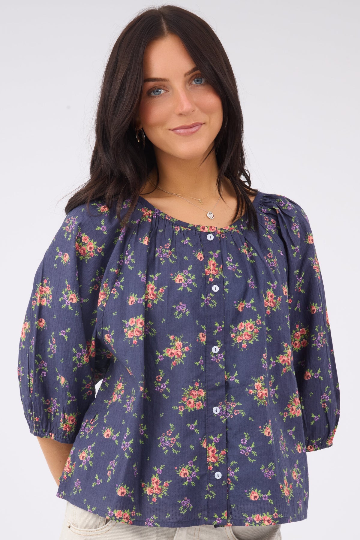 Citrus Southtown Top in a blue floral print for women and teen girls.