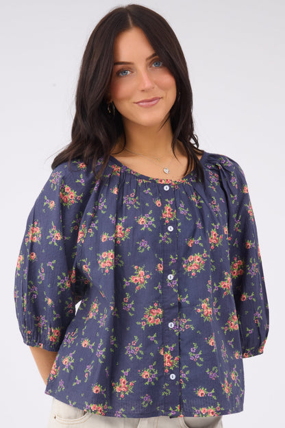 Citrus Southtown Top in a blue floral print for women and teen girls.