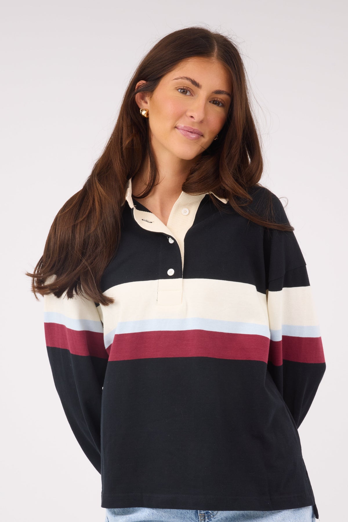 Brookline Rugby Polo Knit  in black with cream, light blue & maroon stripes for women and teen girls.