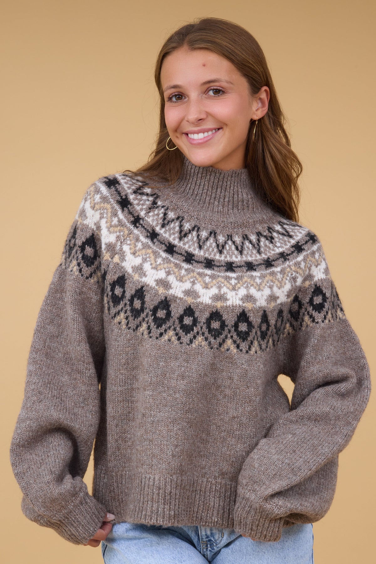 Callaway Mockneck Sweater in a mocha nordic pattern for women and teen girls.
