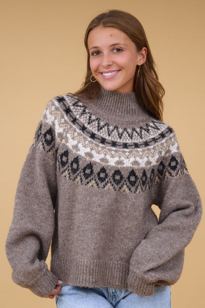Callaway Mockneck Sweater in a mocha nordic pattern for women and teen girls.
