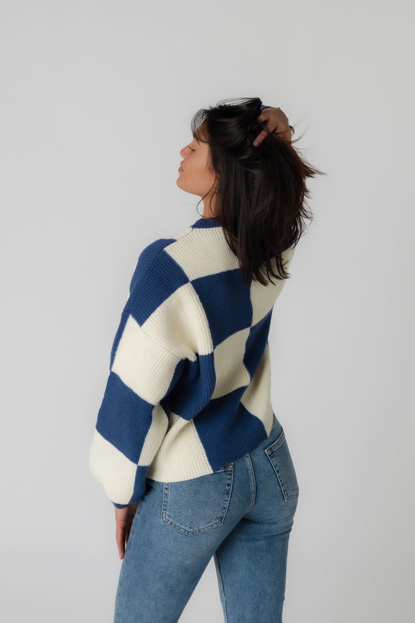 Back view if navy checkered sweater