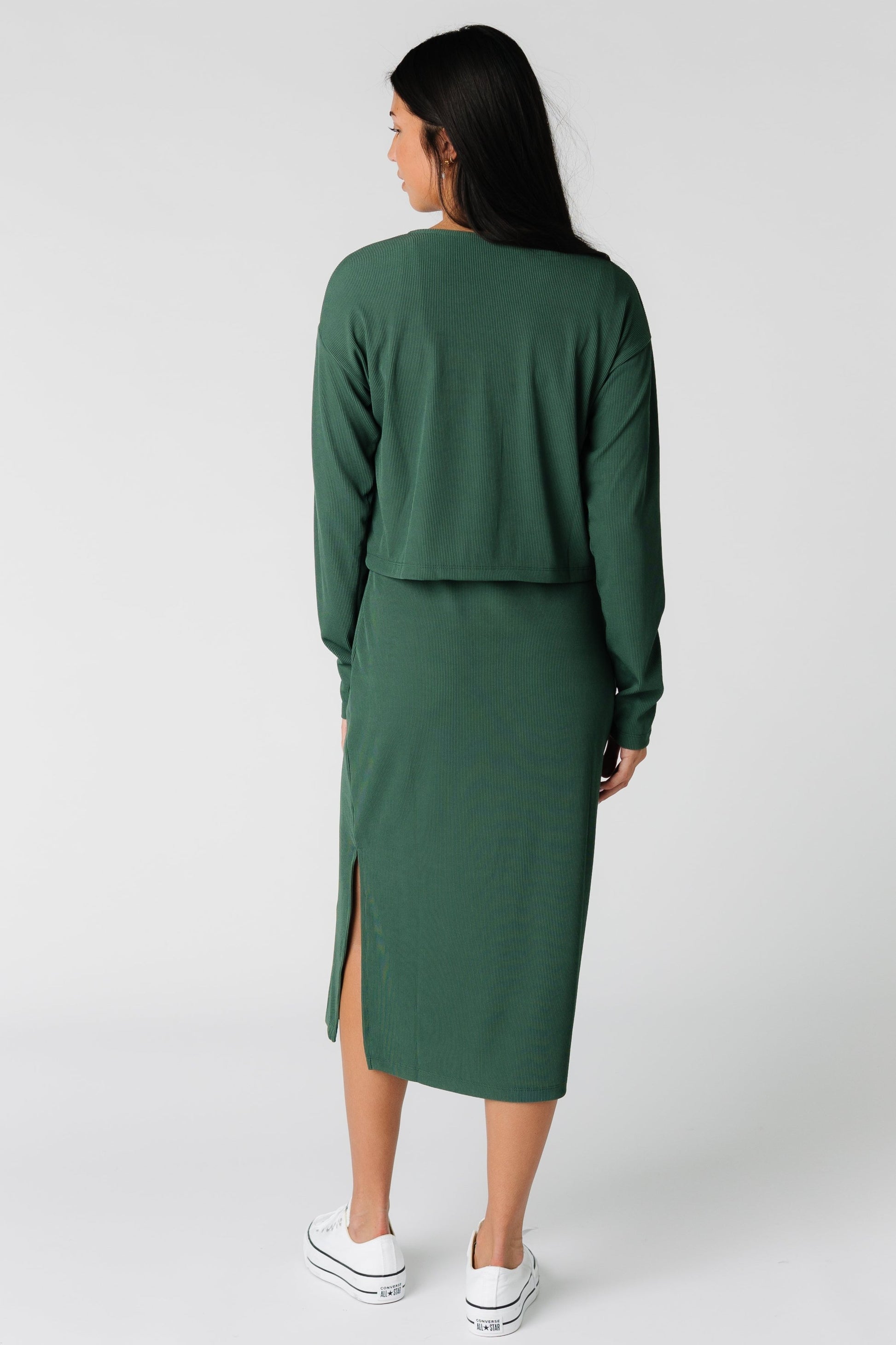 Back view of Gemini modest green sweater set