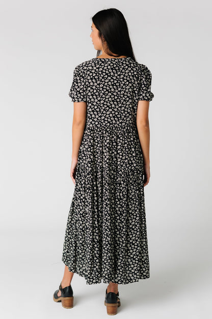 Back view of modest floral print midi dress