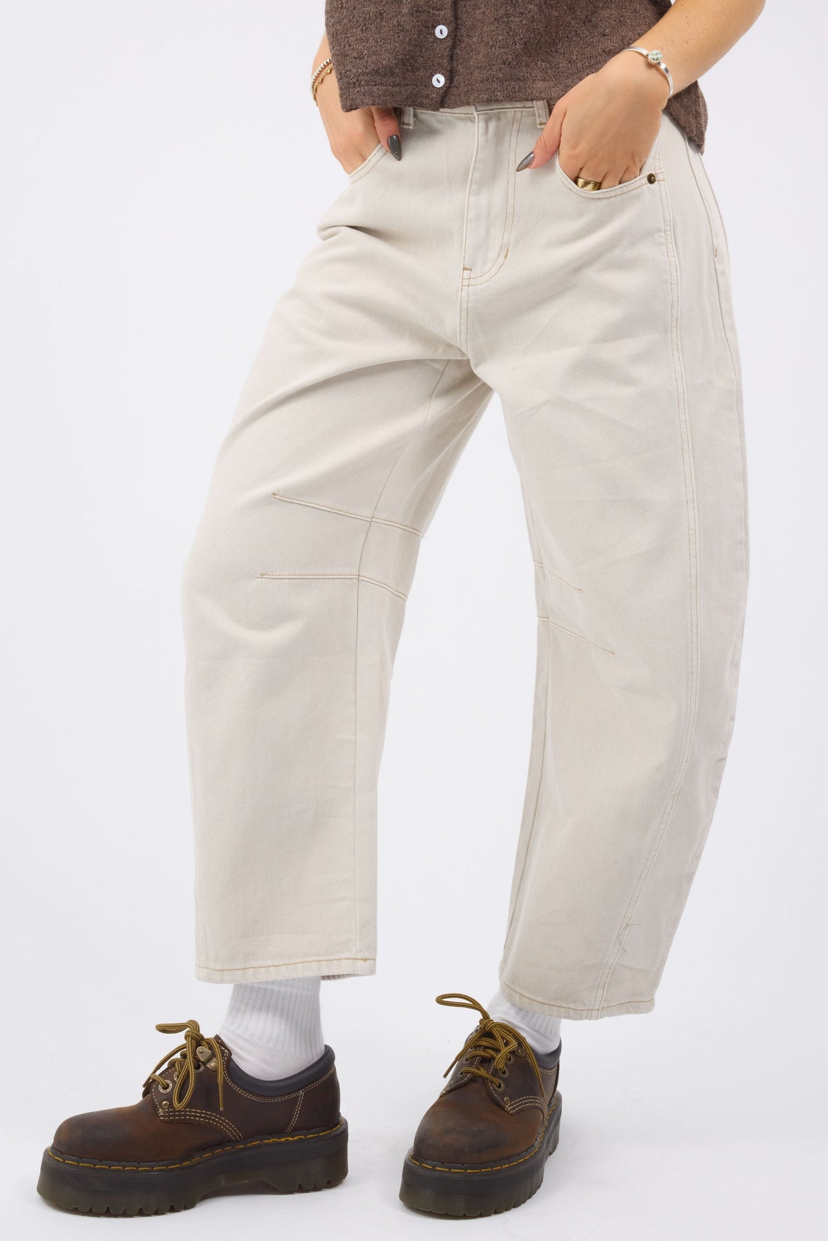 Barrel Cotton Pants in ecru for women and teen girls.