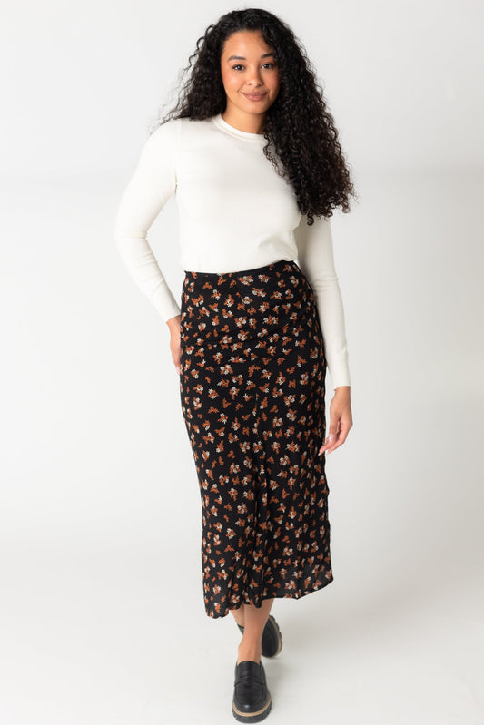 Erica floral button down A-line midi skirt in brown and white floral print