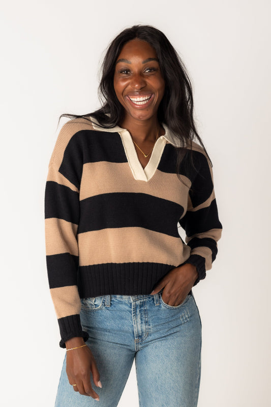 Brianna Stripe Collared Knit Sweater WOMEN'S SWEATERS Blu Pepper Camel S 