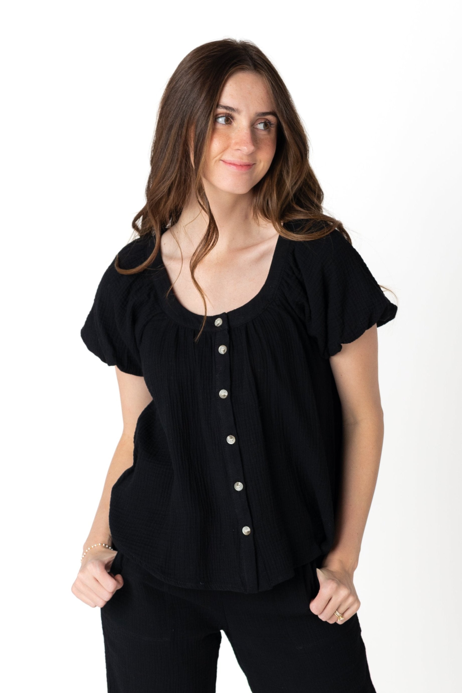 Modest black gauzy top with short puff sleeves