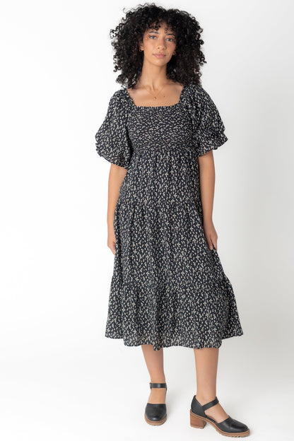 Black print smocked dress modest square neckline and balloon sleeves