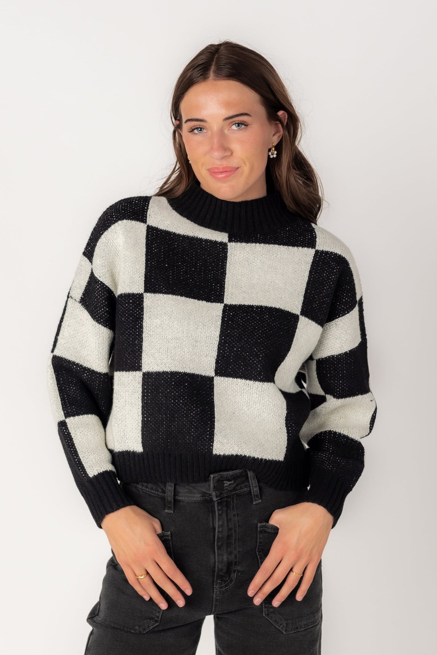 Martha Checkered Mock Sweater long sleeve sweater with black and white large check pattern