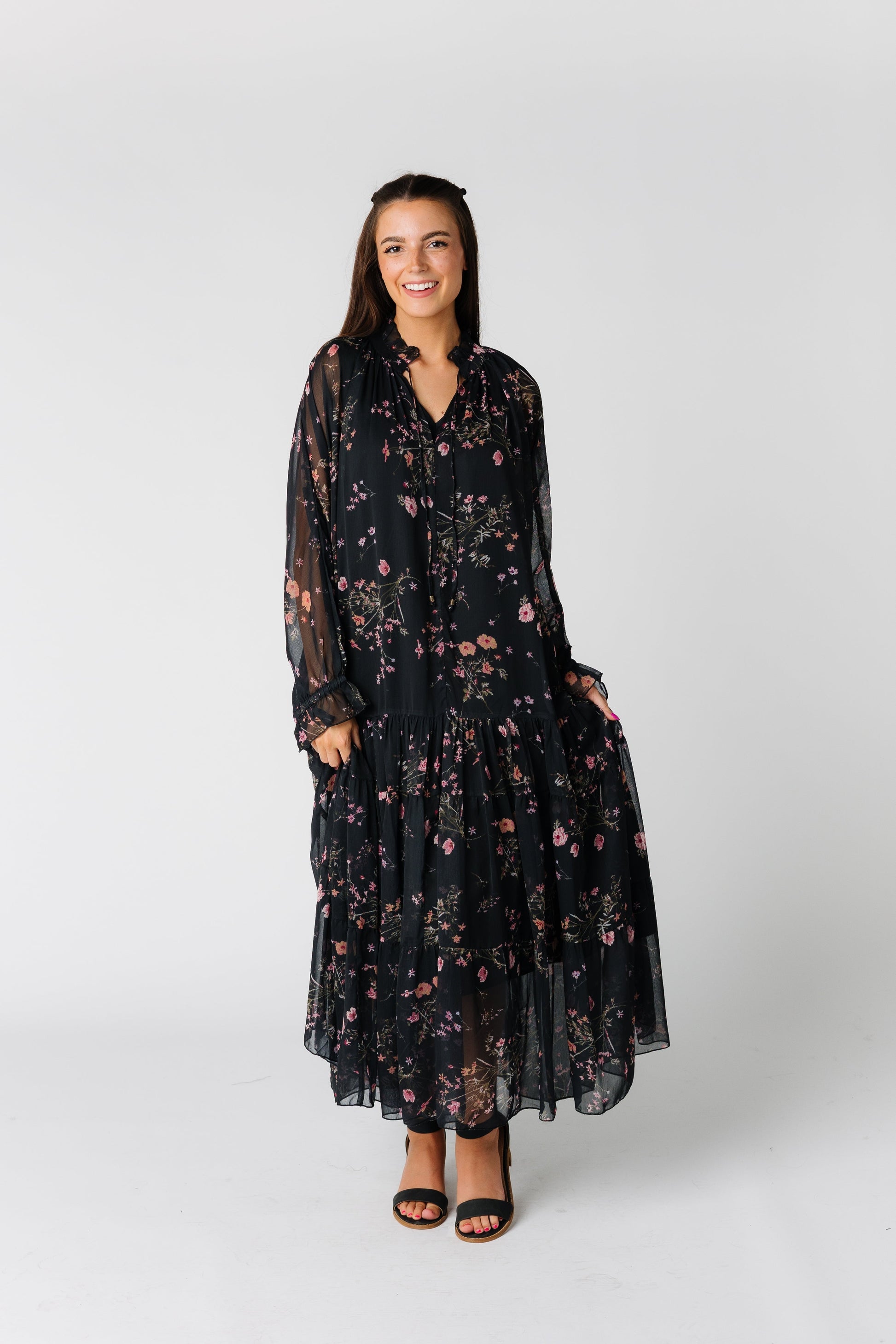 Blaire black midi close fitting under dress with loose flowing floral print overdress