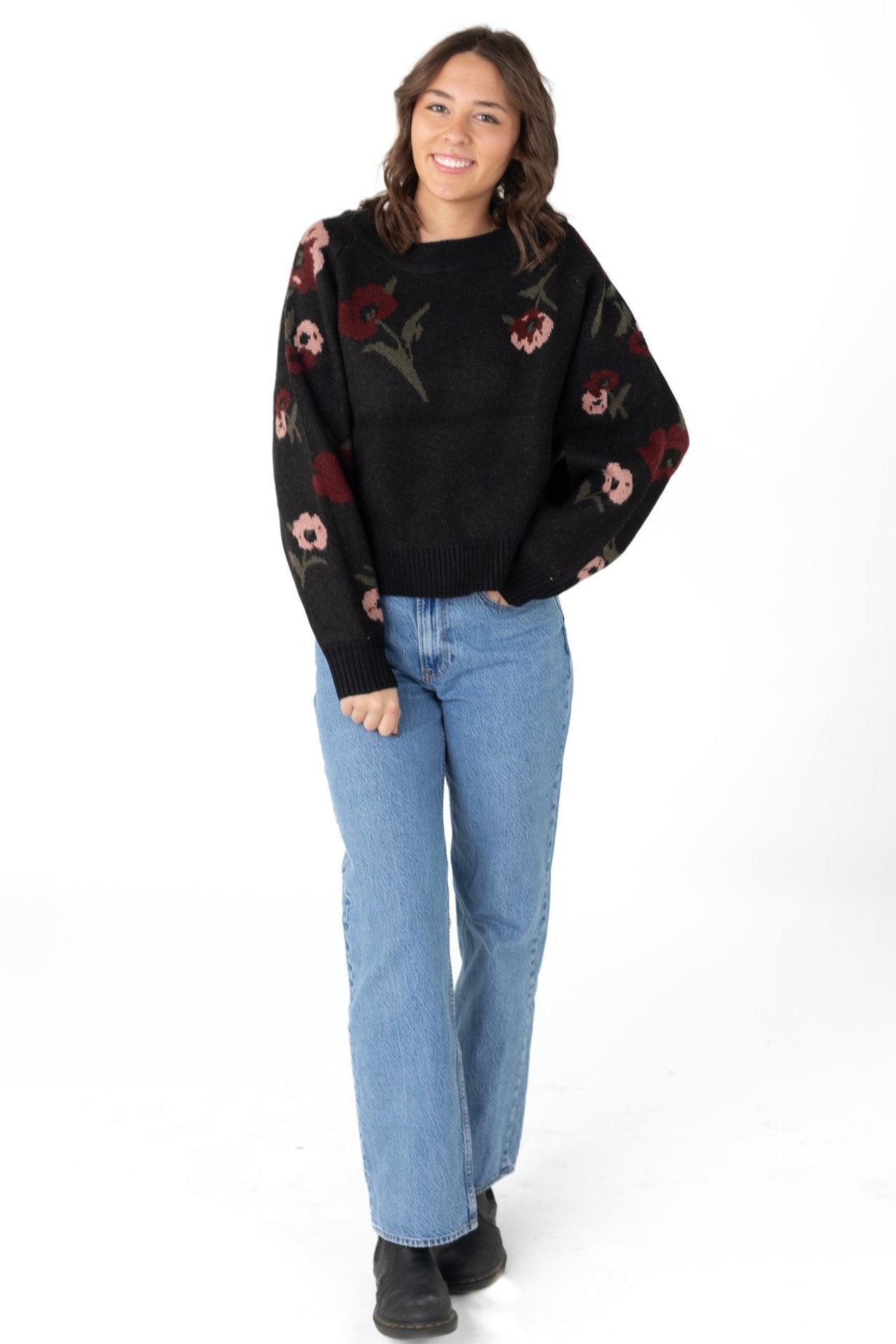 Modest black floral sweater with wide crew neckline and long sleeves