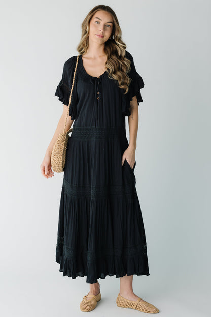 Modest maxi dress with scoop neckline and short flutter sleeves