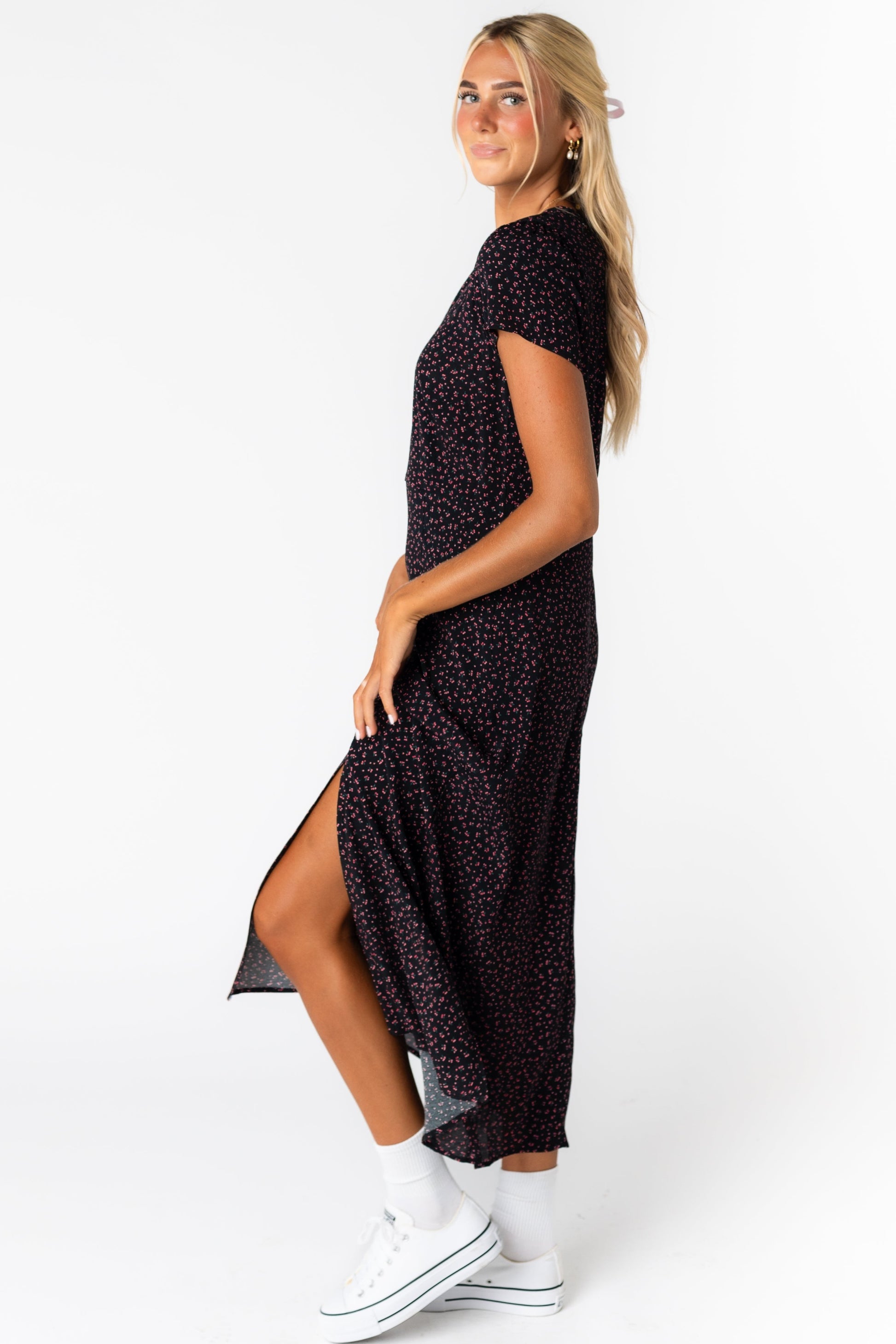 Brass and Roe modest print midi dress in lack print