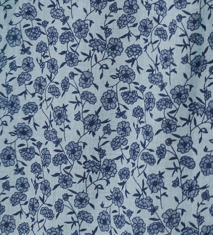 Blue floral print fabric swatch.