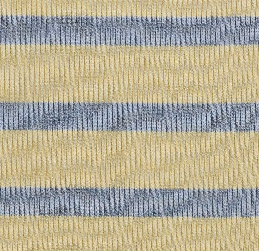Yellow & blue striped and ribbed fabric swatch.