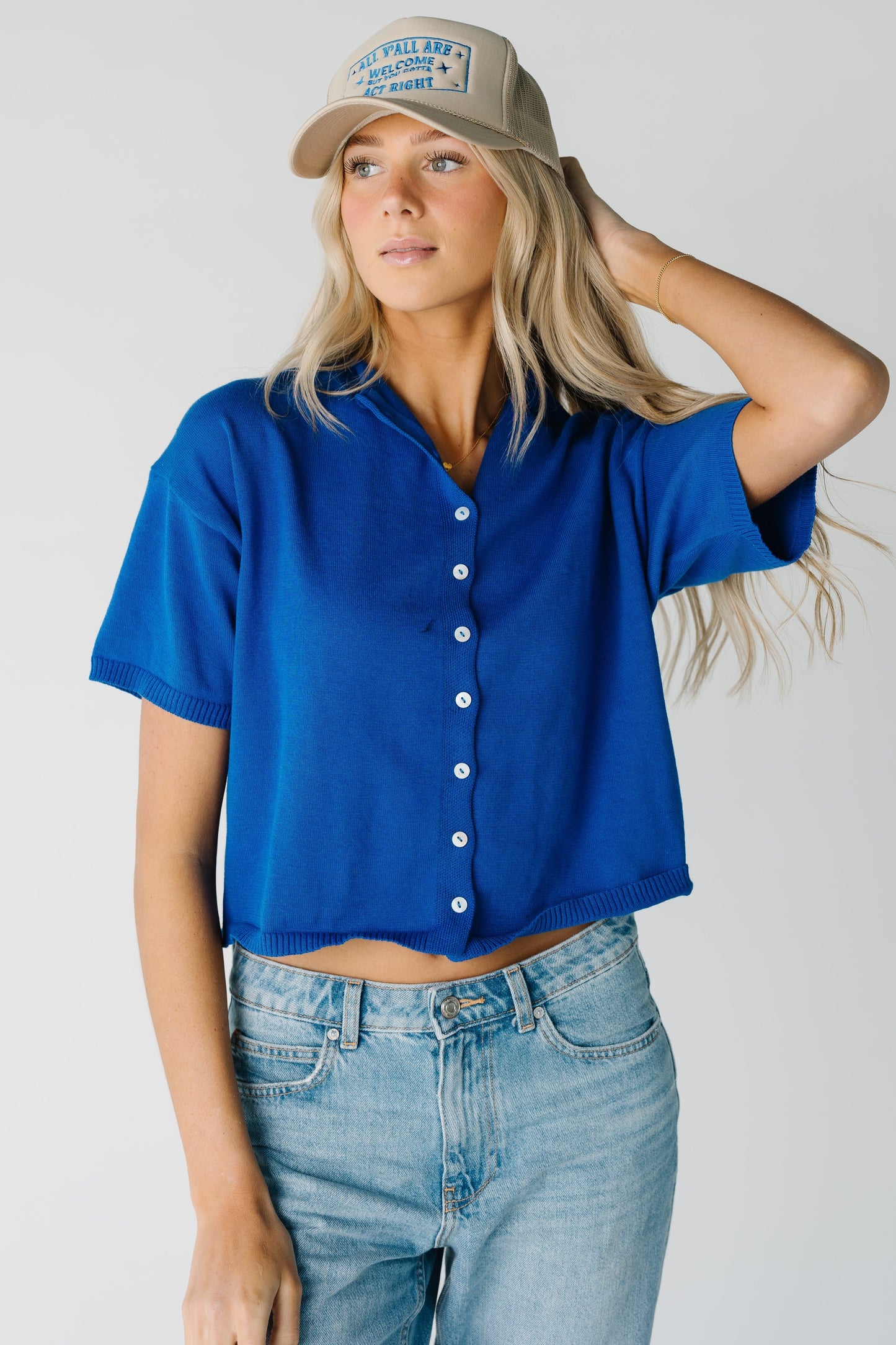Button Down Knit Top for women in cobalt blue