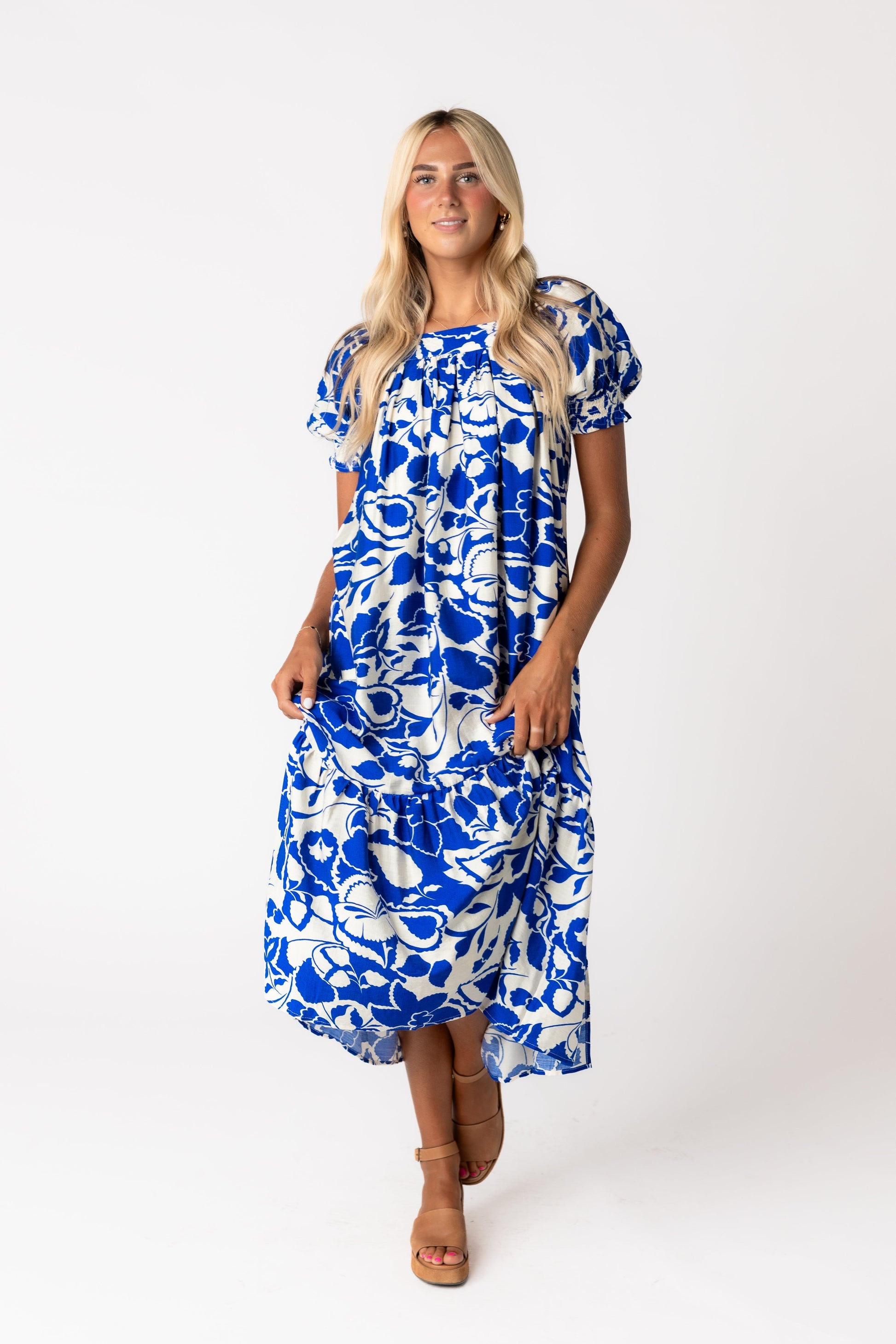 Brass and Roe modest bold print midi dress with square neckline