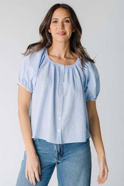 Scalloped Gingham Top in light blue and white narrow stripe