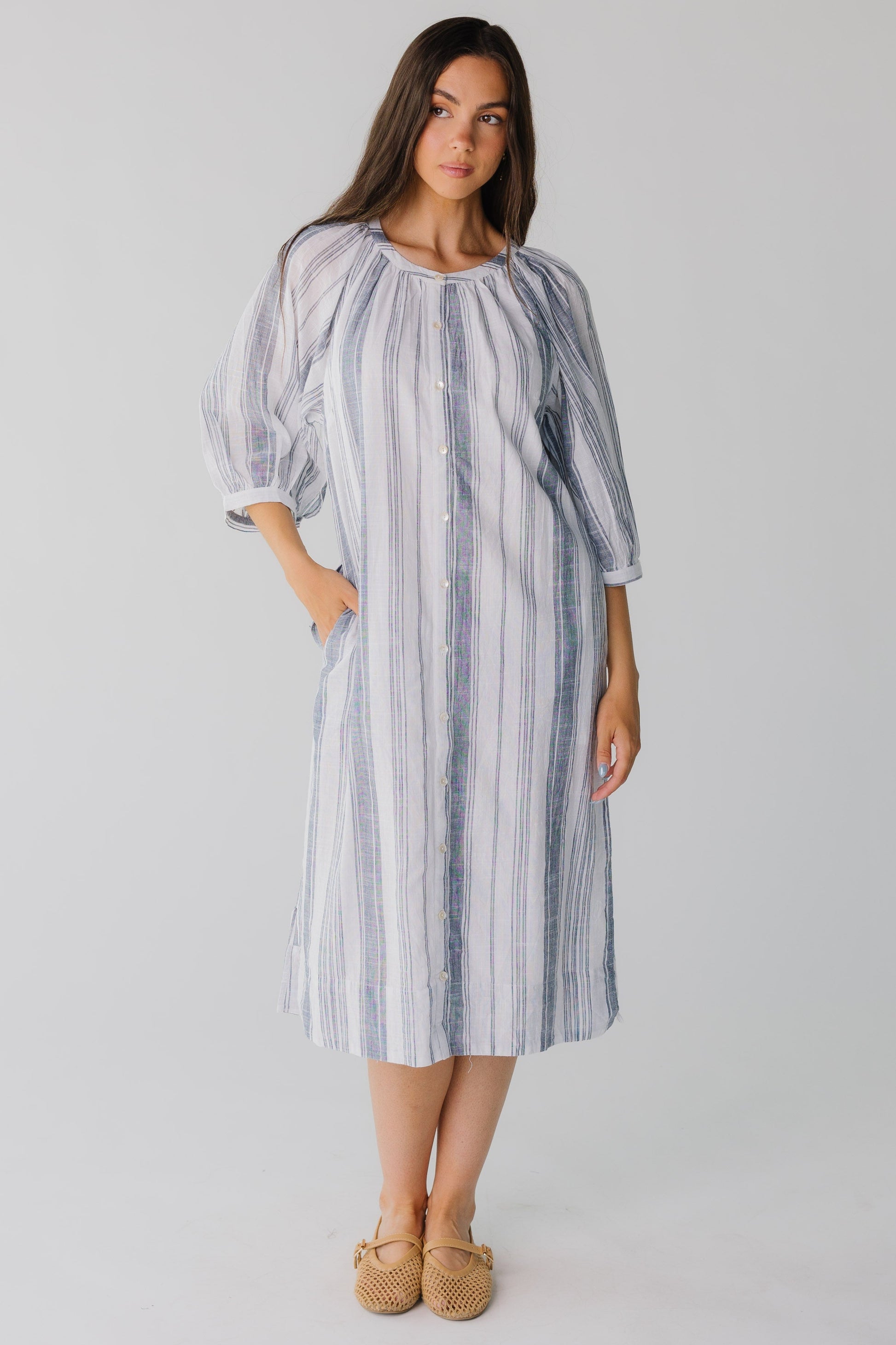 Citrus Seaside Button Down Midi Dress in white and blue stripe