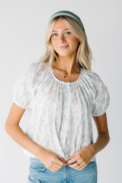 Modest lightweight woven top with blue floral print