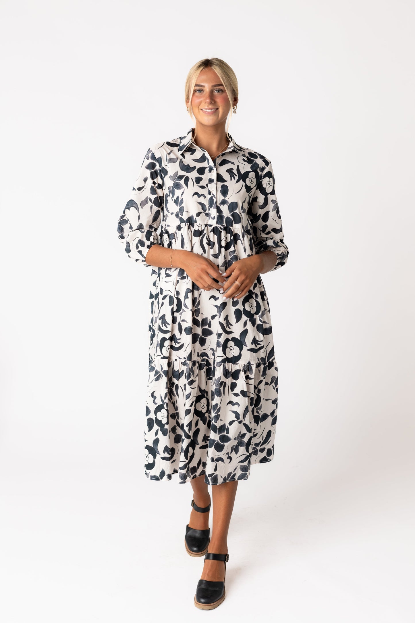 White bold print midi dress with longer sleeves