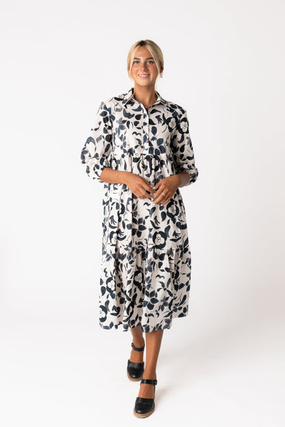 White bold print midi dress with longer sleeves