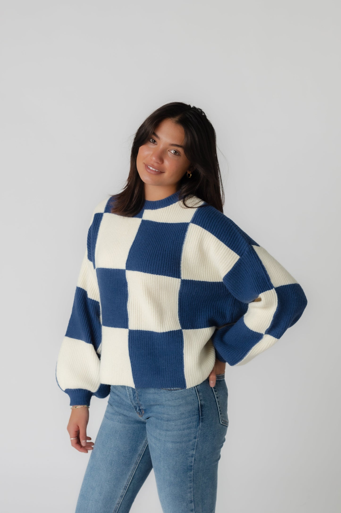 Navy and cream large check patterned sweater