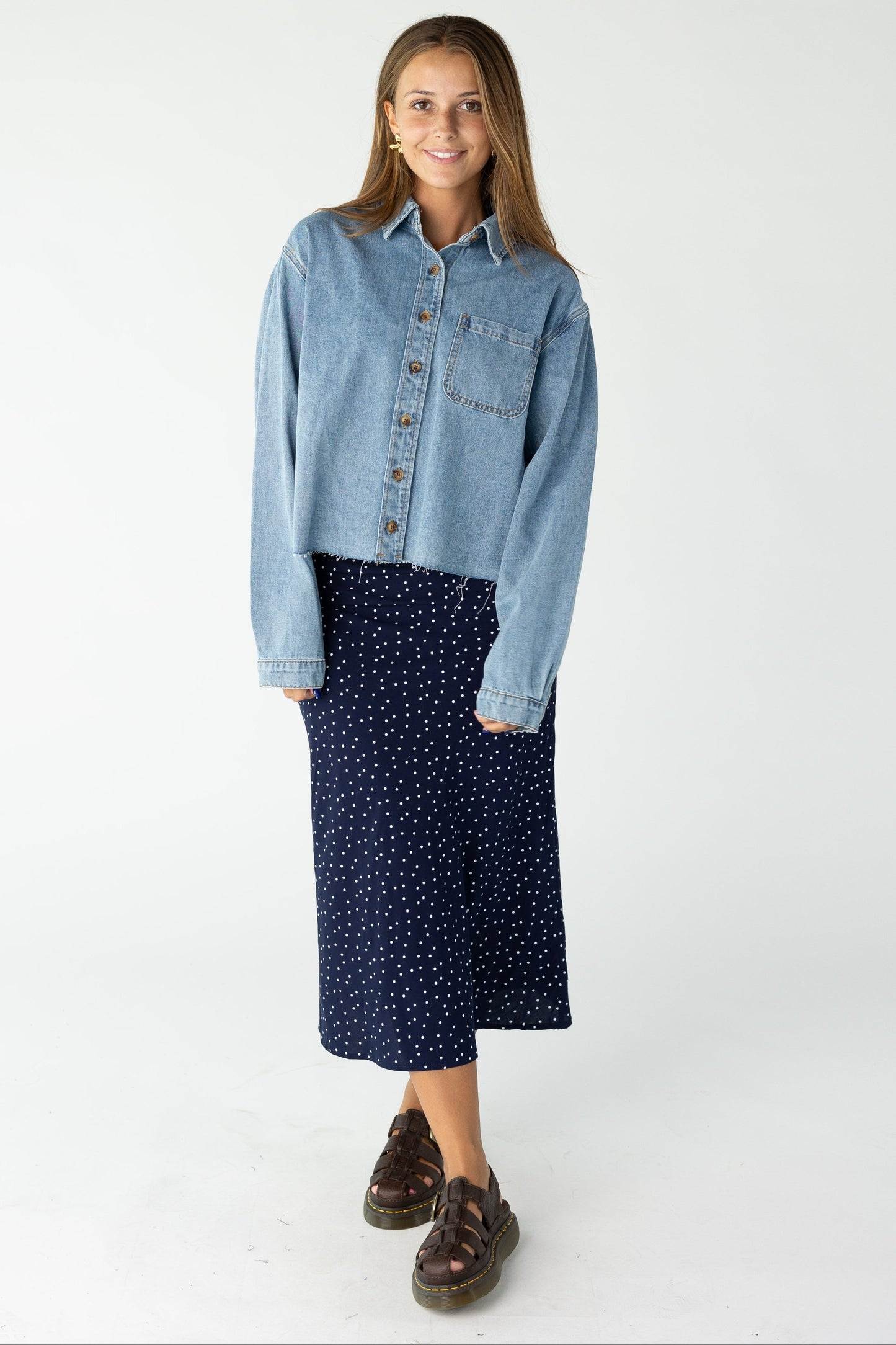 Modest woman and teens midi skirt in navy polka dot